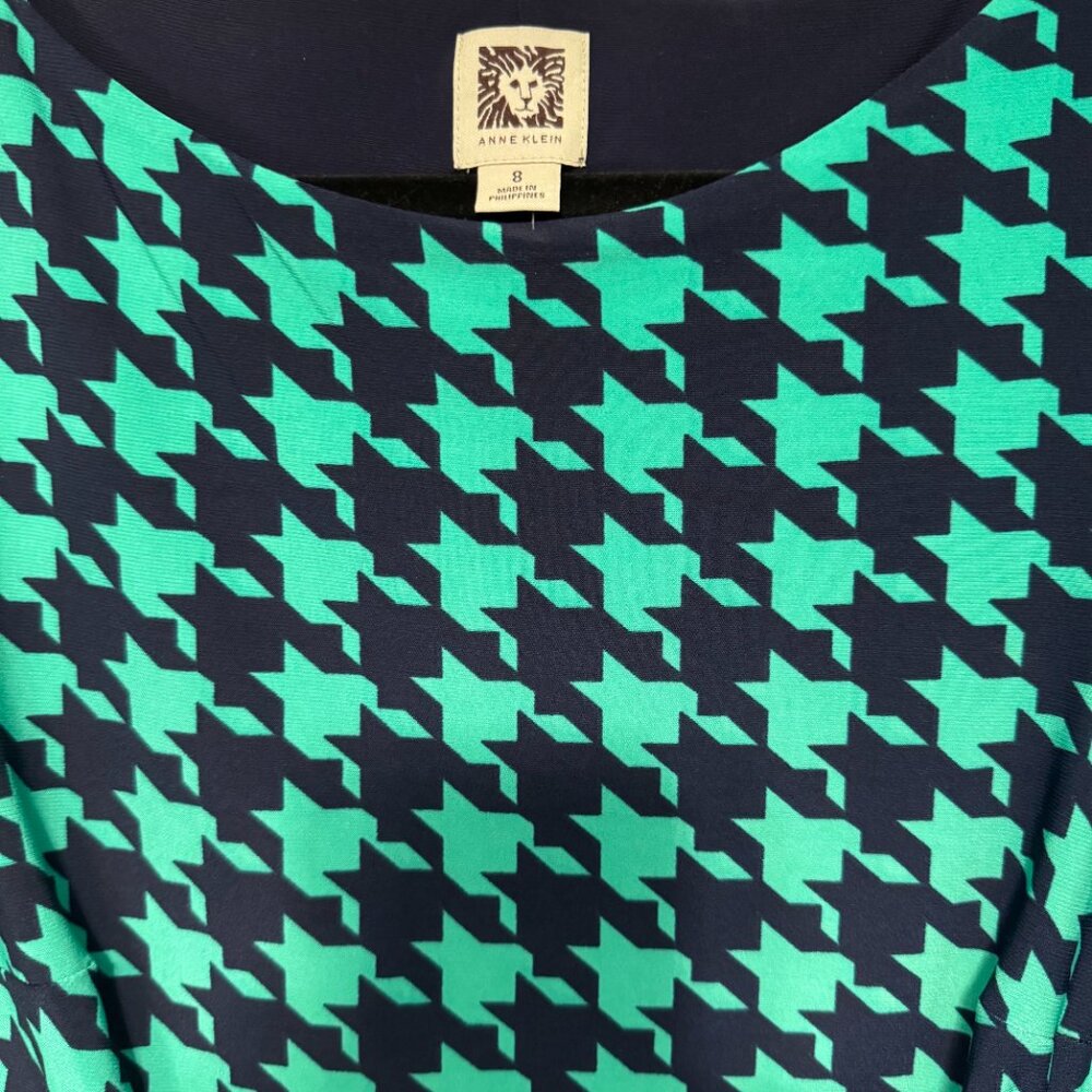 Anne Klein Houndstooth Sheath Dress Ruched Career Cocktail Teal Blue 8 - Picture 3 of 6